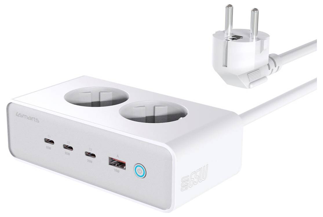 Bílý stolní prodlužovací kabel s dvěma zásuvkami Schuko, dvěma porty USB, modrým tlačítkem napájení a evropskou zástrčkou připojenou ke kabelu.