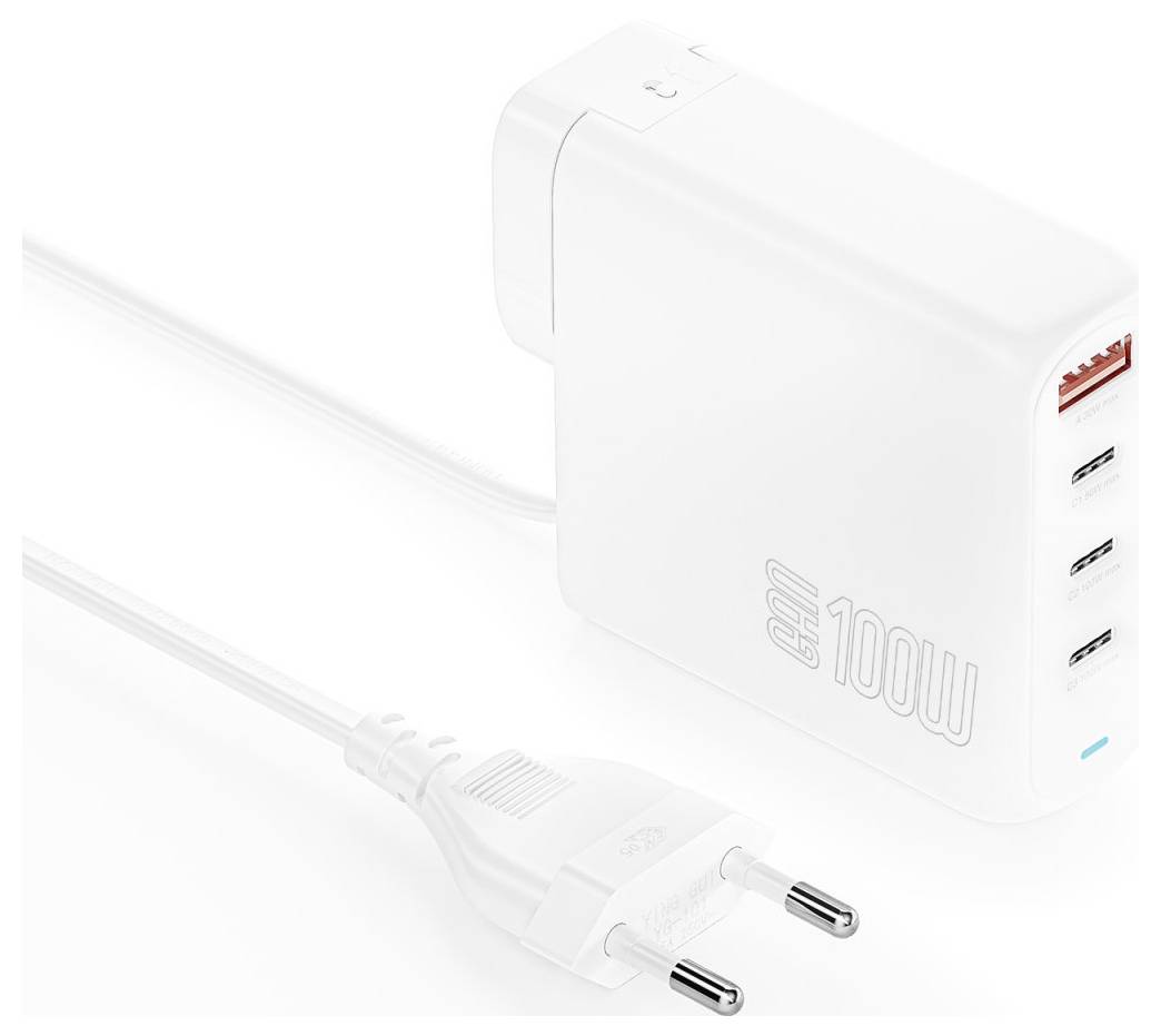 Bílý adaptér USB-C na 100 W se více porty USB a připojeným napájecím kabelem, zobrazený jako produktový obrázek na bílém pozadí.