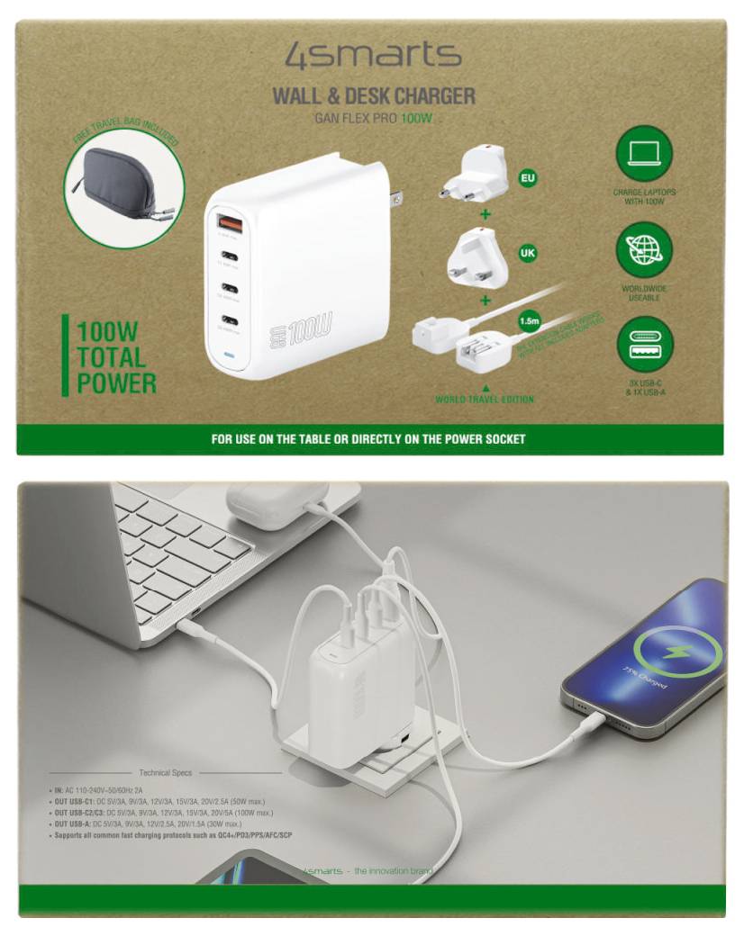 Nabíječka na stěnu a do pracovny od 4smarts, celkový výkon 100W, s vyměnitelnými zástrčkami pro UK, EU a USA, zobrazená při nabíjení notebooku, telefonu a tabletu.