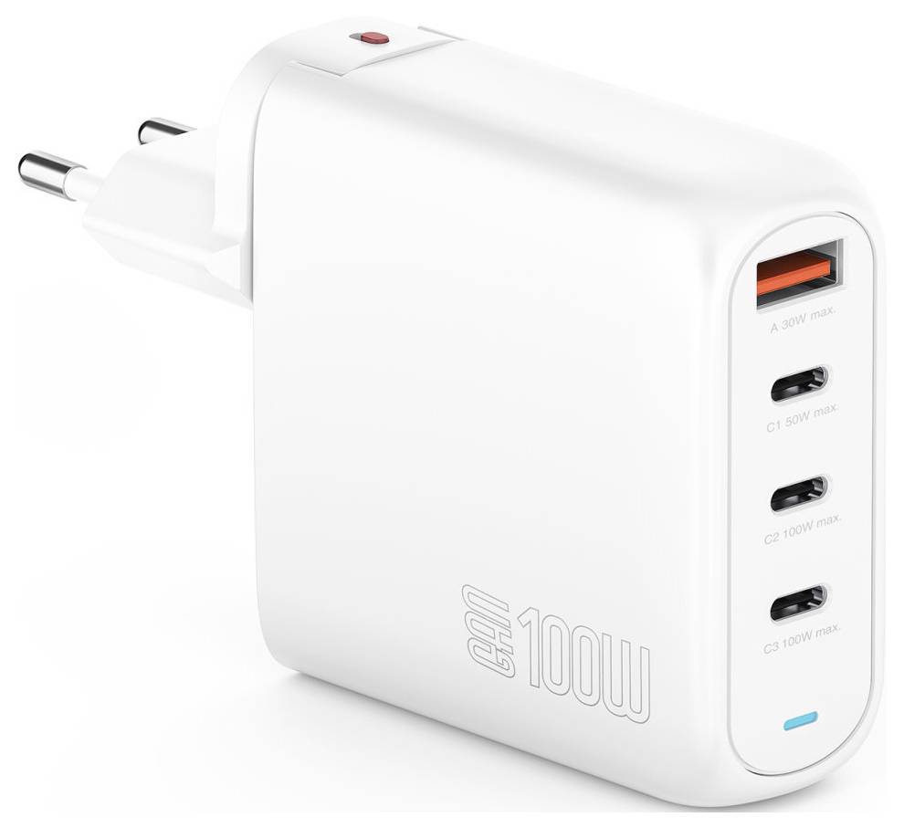 Bílá síťová nabíječka s vidlicí EU, jeden port USB-A a tři porty USB-C, označená "100W" pro rychlé nabíjení.