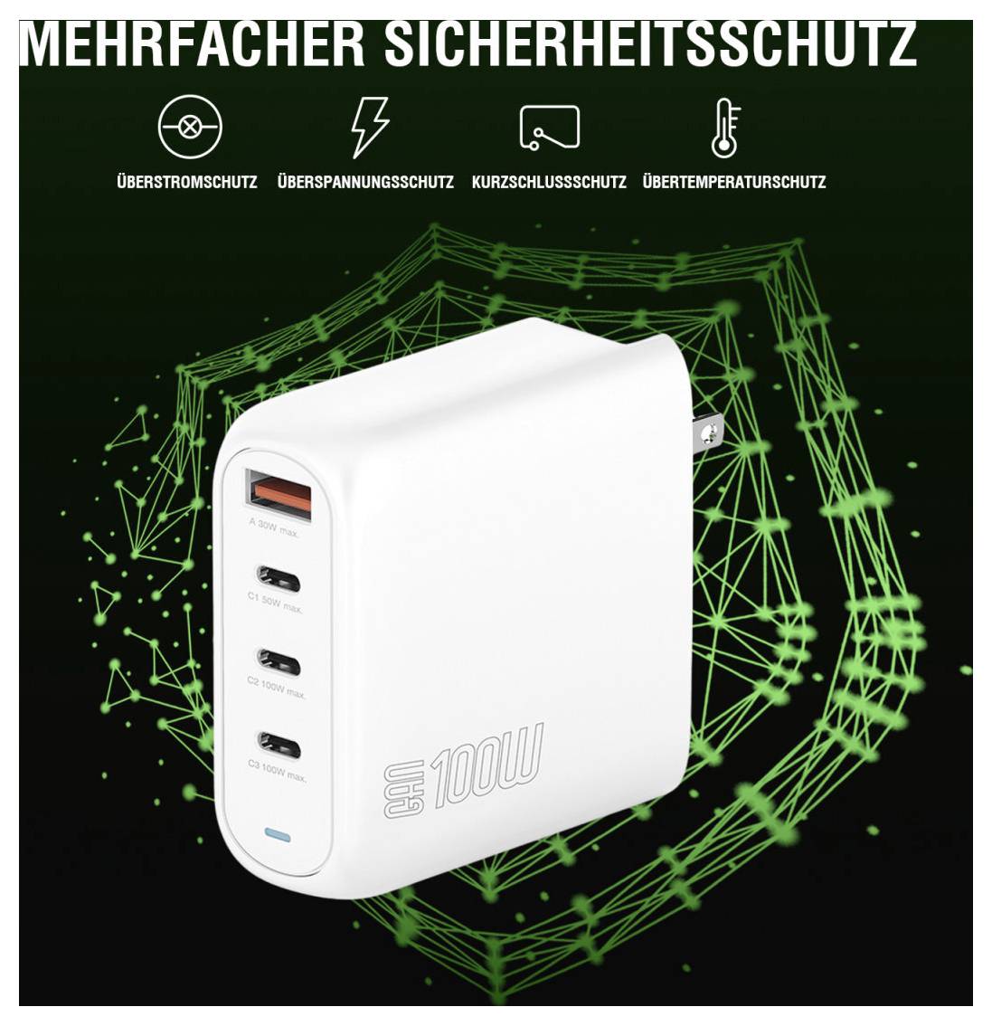 Bílá 100W USB nástěnná nabíječka s více porty, zobrazená s 'Vícenásobnou ochranou bezpečnosti' a ikonami pro ochranu proti přetížení, přepětí, zkratu a přehřátí.