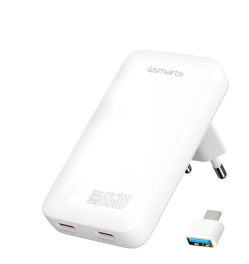 Bílá nabíječka 4smarts 65W USB-C se skládací evropskou zásuvkou a odnímatelným adaptérem USB-A zobrazená na bílém pozadí.