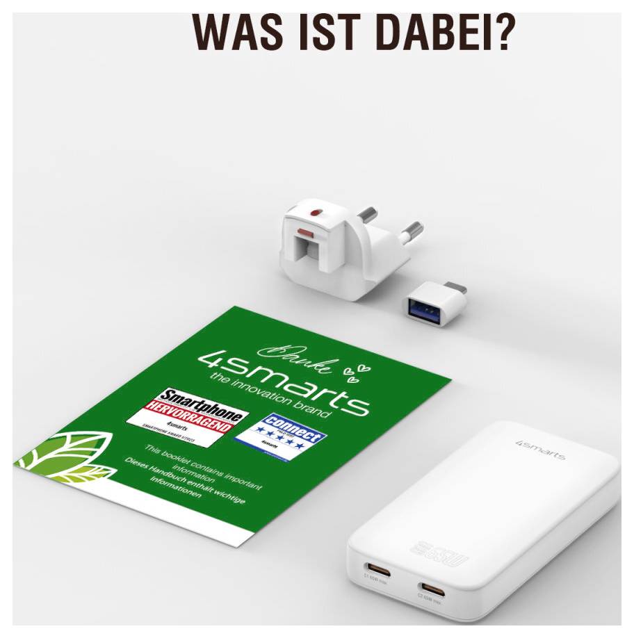 Propagační obrázek zobrazující bílou powerbankuod 4smarts, adaptér USB-C a nabíjecí zásuvku, s německým nadpisem 'CO JE SOUČÁSTÍ?' nad zeleným produktovým letákem.