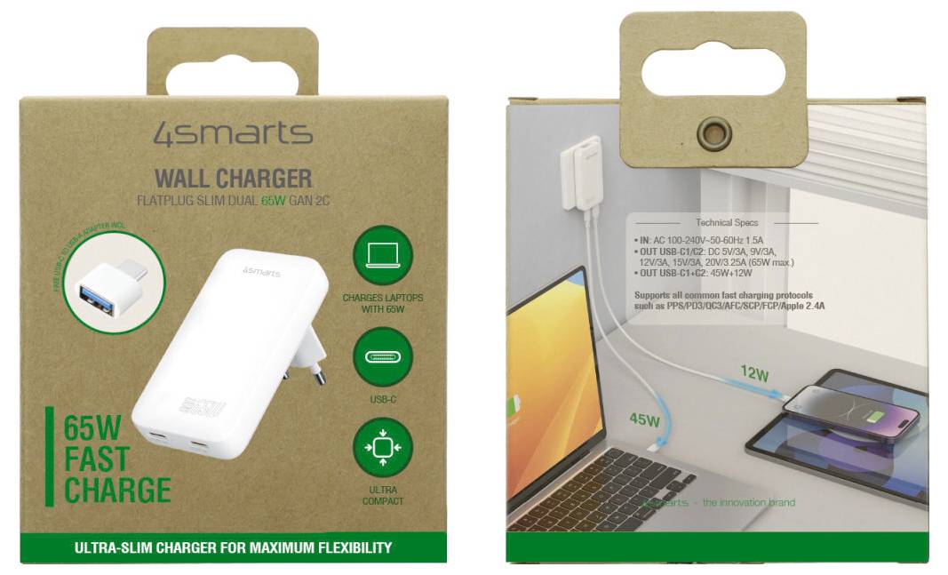 Obchodní balení pro nabíječku na zeď 45Smarts: přední strana zobrazuje bílou nabíječku USB-C s rychlým nabíjením 65W; zadní strana zobrazuje nabíječku nabíjející laptop a telefon, s technickými parametry.