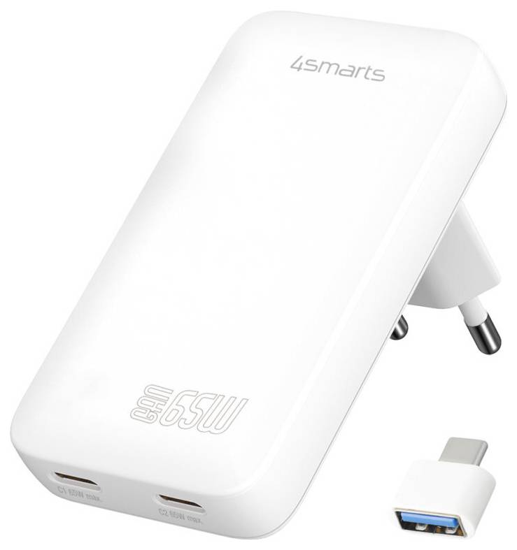 Bílá 65W USB-C napájecí adaptér 4smarts se skládacím zástrčkou a přiloženým USB-C kabelem, zobrazený na bílém pozadí.