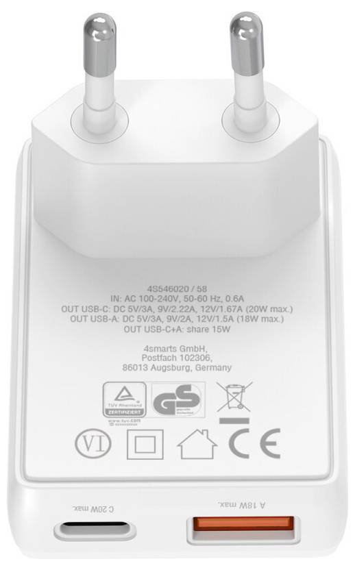 Bílý USB nástěnný nabíječ se dvěma kulatými EU kolíky a portem USB-C a USB-A, označený jako adaptér 45W/30W s certifikačními značkami bezpečnosti.