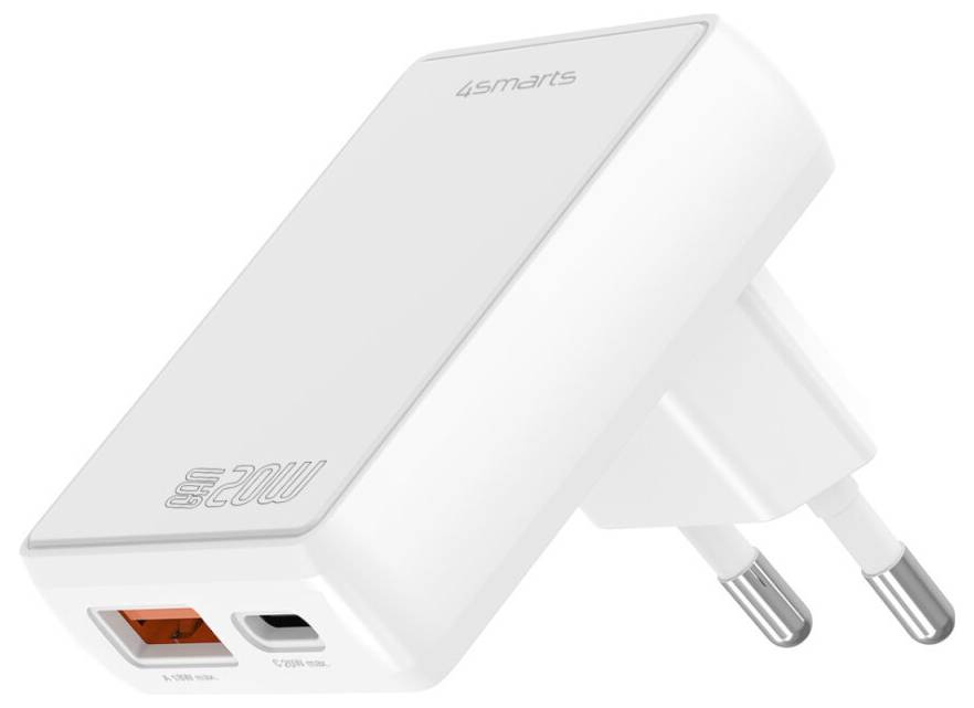 Bílá nabíječka 4smarts do zásuvky s vidlicí EU, která má na přední straně jeden oranžový USB-A port a jeden USB-C port.