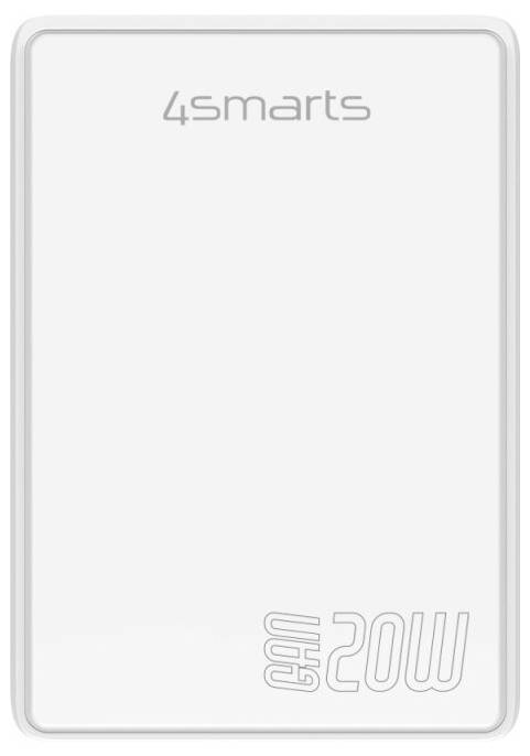 Bílá powerbank nebo nabíječka 4smarts 20W s zaoblenými hranami a subtilním logem na přední straně.