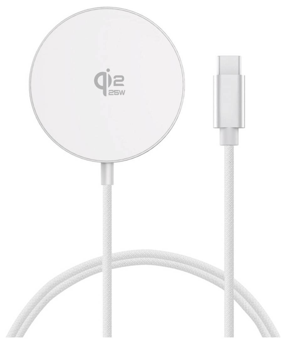 Bílá magnetická bezdrátová nabíjecí podložka s připojeným kabelem USB-C zobrazená z přední strany na jednoduchém pozadí.