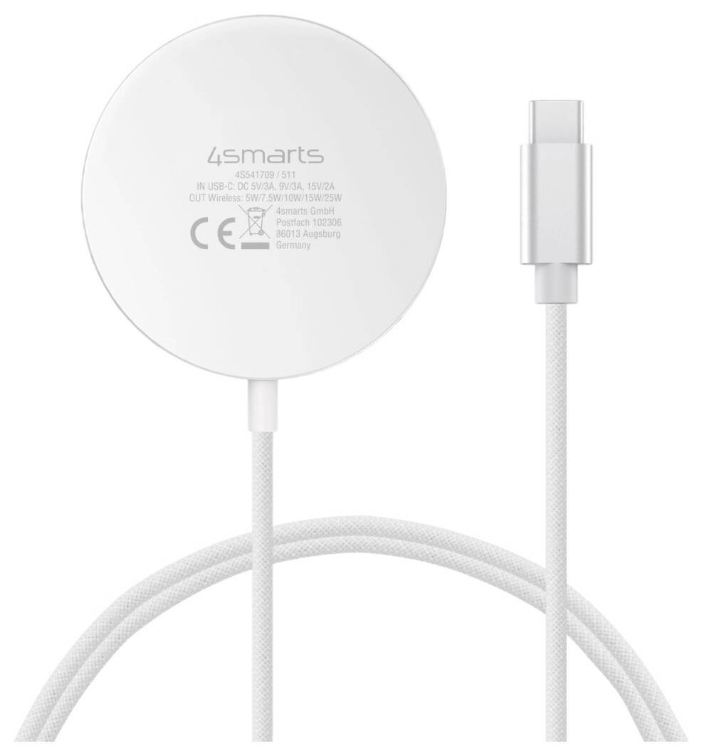Bílá bezdrátová nabíjecí podložka 4smarts s připojeným kabelem USB-C a konektorem, zobrazená na prostém pozadí.