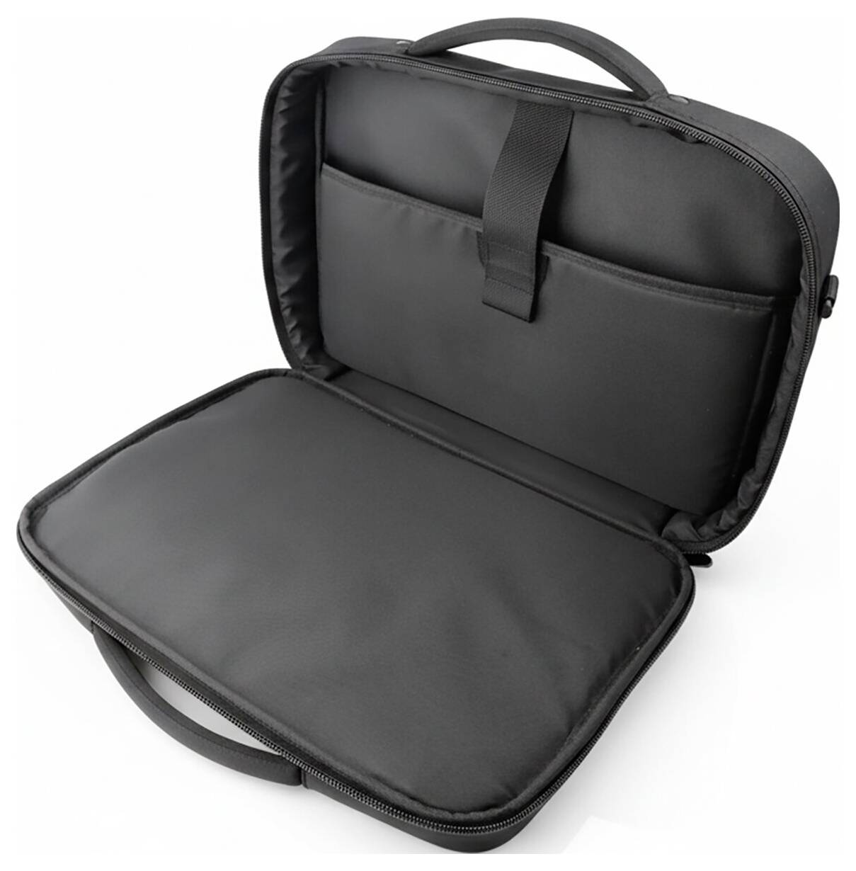 Černý laptop obal se zipem otevřený na bílém pozadí, ukazující vypolstrovaný vnitřek s rukojetí a bezpečnostním popruhem.