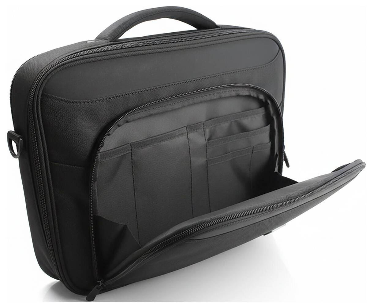 Černý přenosný kufr se zipem, rukojetí a přední kapsou na organizaci věcí, částečně otevřený, aby odhalil úložné přihrádky.