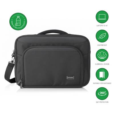 Černá taška na rameno na notebook se popruhem, zobrazena čelní pohled; ikony označují recyklovaný plast, vejde se do notebooků 15-16", lehká, design s otevíráním jako mušle, vhodná do zavazadel, 360° ochrana.