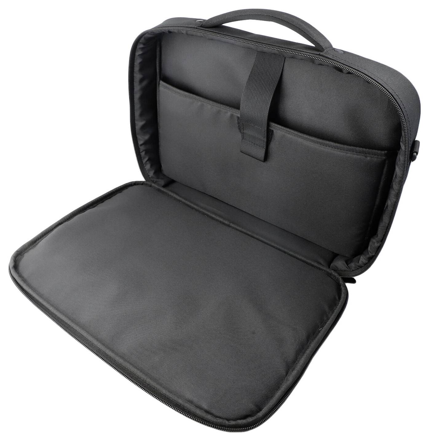 Otevřený černý pouzdro na laptop se zipem a rukojetí s polstrovanými vnitřními kapsami, zobrazeno na bílém pozadí.