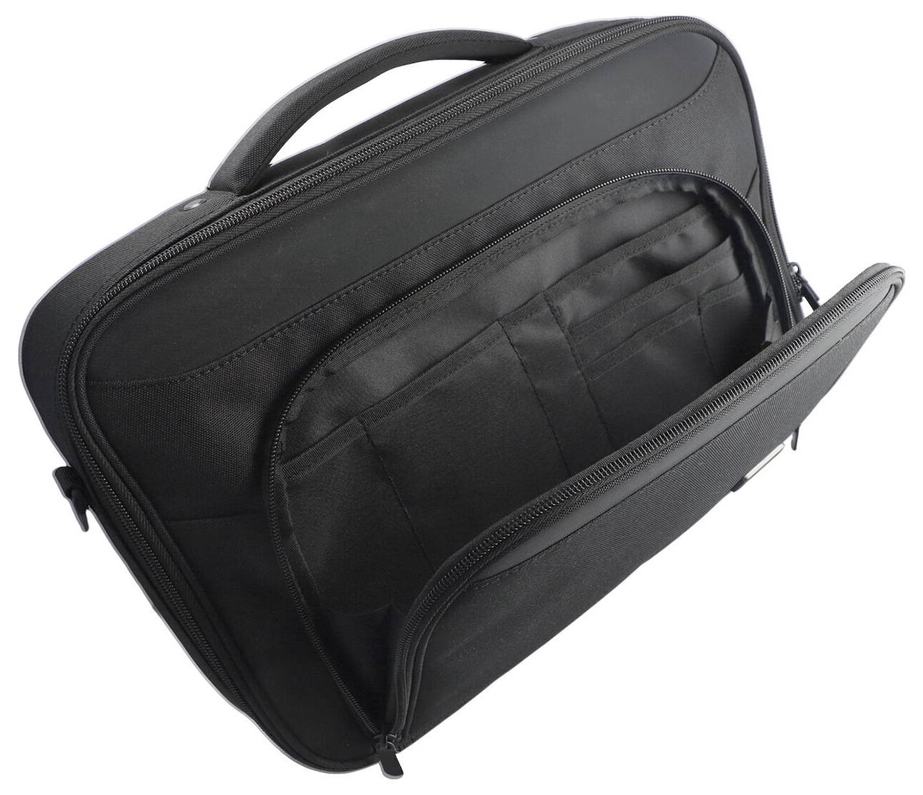 Černý zipovaný laptop elegantní kufřík s horním madlem a přední kapsou, zobrazen na bílém pozadí.