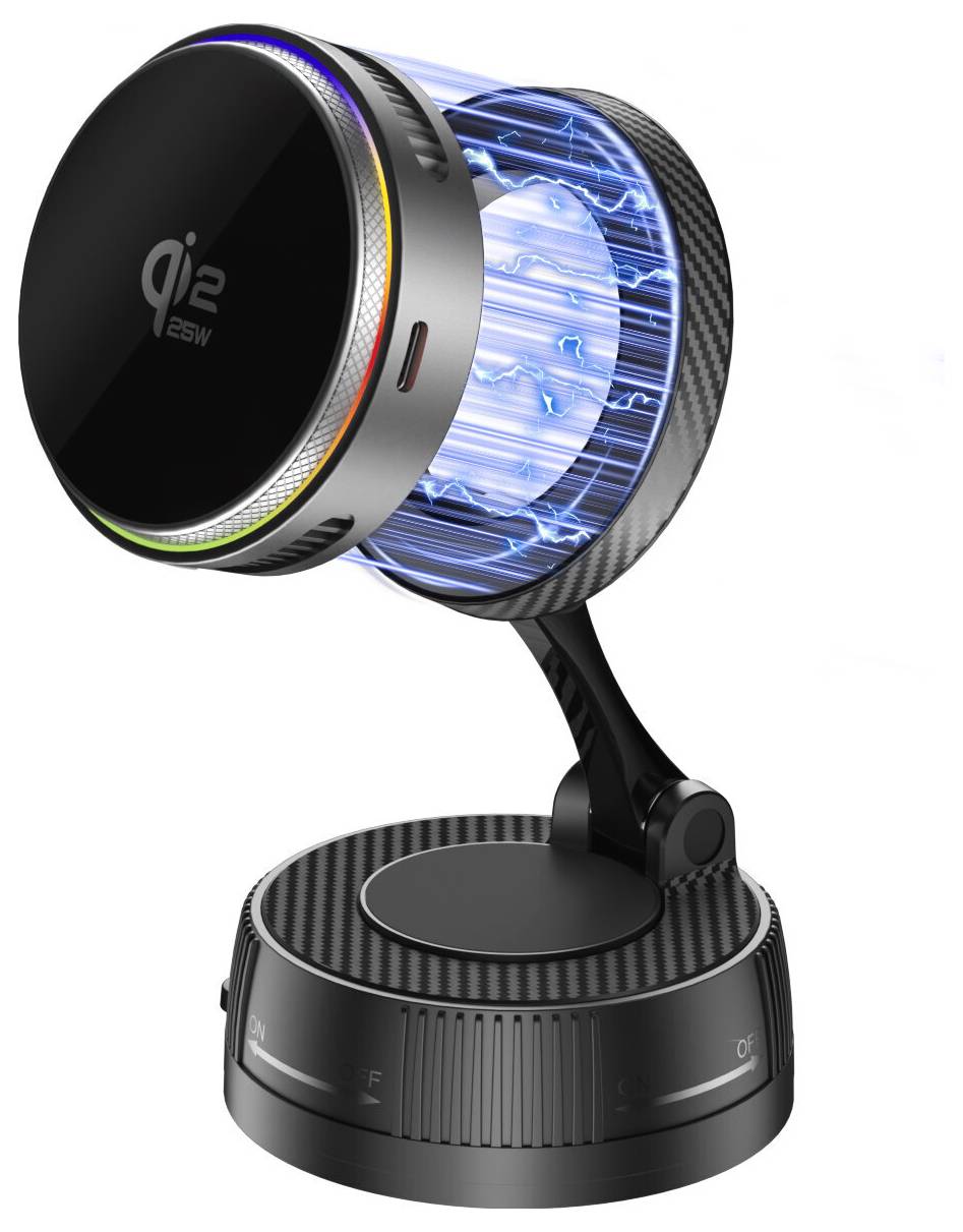 3D vykreslená černá bezdrátová nabíječka Qi2 25W s magnetickým uchycením telefonu na nastavitelném stojanu s kulatou podstavou, zobrazená s modrým zářícím efektem energie na bílém pozadí.