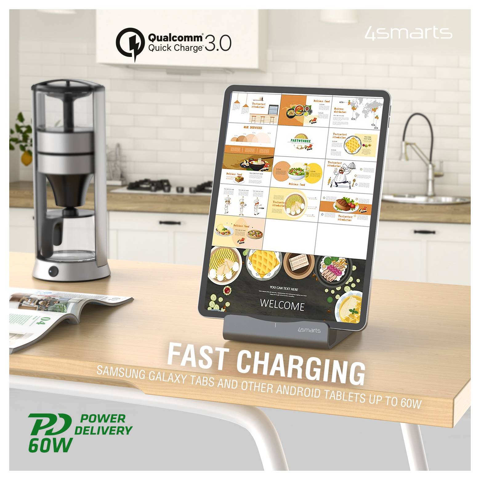 Propagační obrázek tabletu na stole zobrazující displej rychlého nabíjení s textem inzerujícím Qualcomm Quick Charge 3.0, Samsung Galaxy Tabs, Android tablety až 60W a Power Delivery 60W.