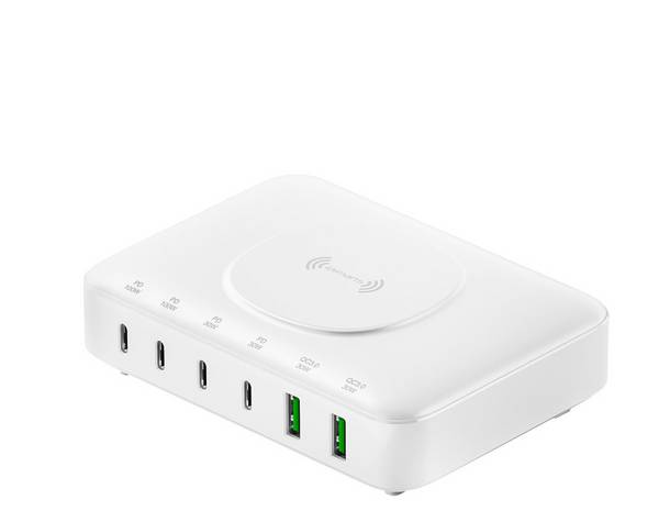 4Smarts  Stolní nabíječka, GaN, USB Power Delivery (USB-PD) , bezdrátová nabíječka, 2x USB A, 4x USB-C®, Qi standard, 100 W, Quick Charge 3.0, Dodávka energie, bílá