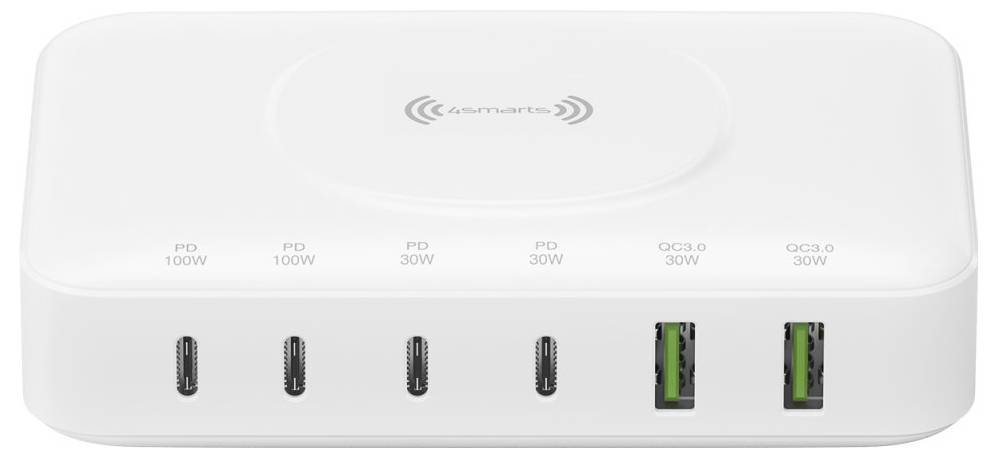 Bílý nabíjecí hub se šesti porty na přední straně: čtyři porty USB-C označené PD 100W/30W a dva zelené porty USB-A označené QC3.0 30W.