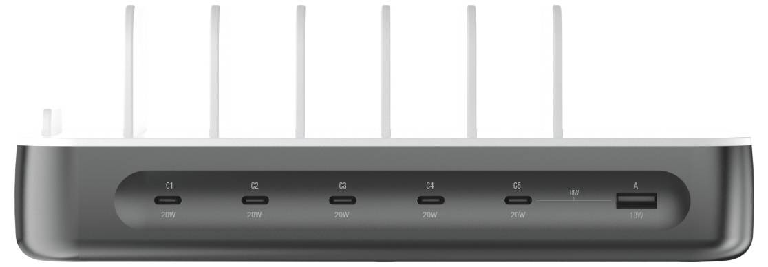Přední pohled na bílý bezdrátový router se šesti anténami a tmavým předním panelem zobrazujícím kontrolky stavu a označené porty.