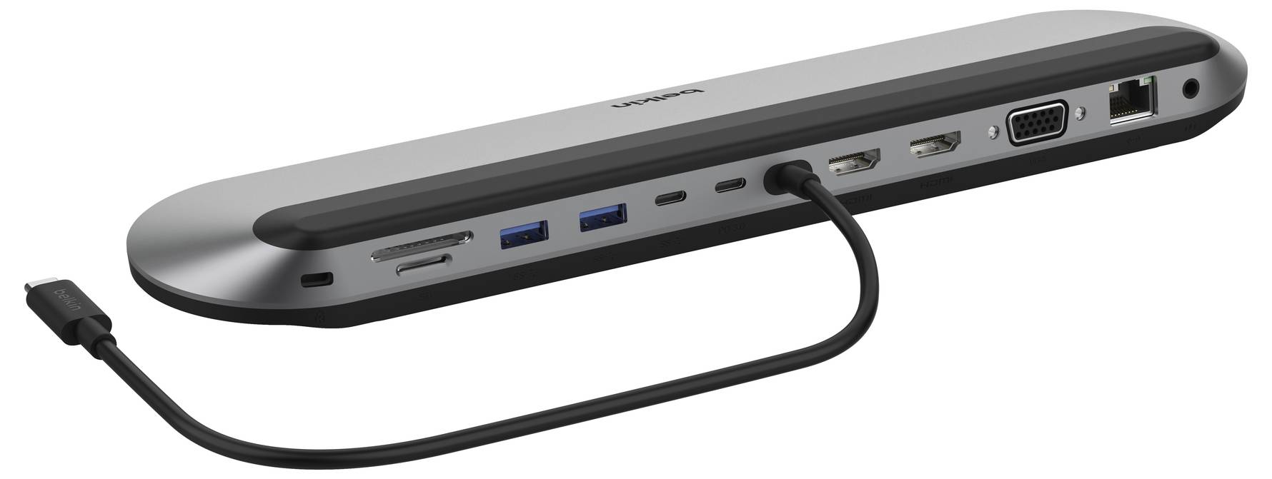 Zakřivená dokovací stanice pro přenosný počítač s více porty, včetně USB, HDMI, Ethernetu a připojeného kabelu.