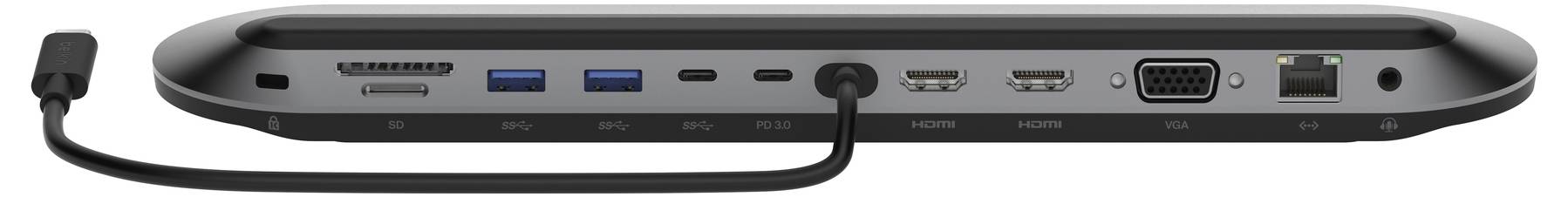Zadní pohled na laptop zobrazující porty a připojení, včetně napájení, USB, HDMI, VGA a Ethernetu.