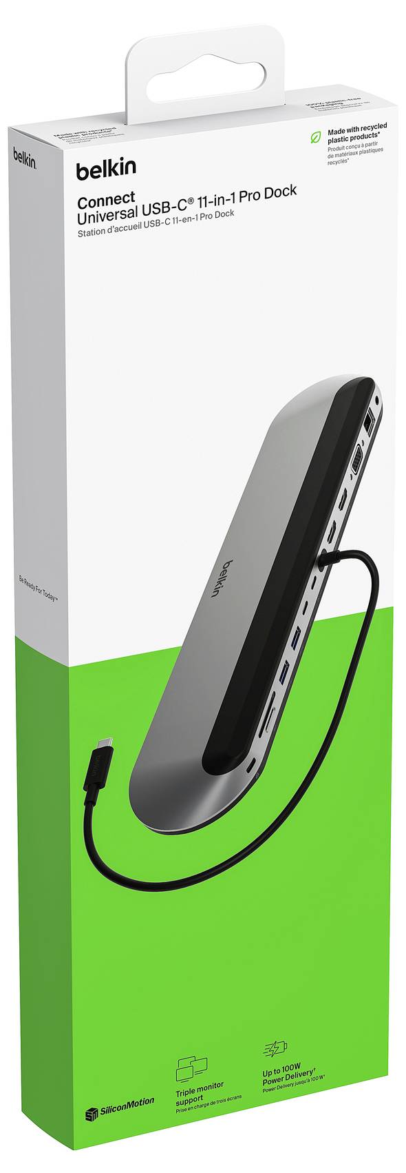 Balíček produktu Belkin Connect univerzální USB-C 11v1 Pro Dock s černým sklopeným dokem a kabelem na bílo-zeleném obalu.