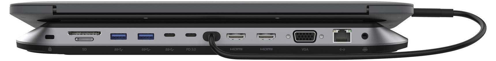 Boční pohled na zavřený notebook zobrazující porty na levém okraji: sluchátková zásuvka, porty USB, HDMI, VGA, Ethernet a připojený napájecí kabel.