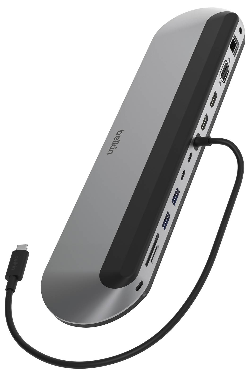 Belkin USB-C multiport hub s připojeným kabelem zobrazující porty HDMI, USB, Ethernet a napájení na stříbrno-černém adaptéru.