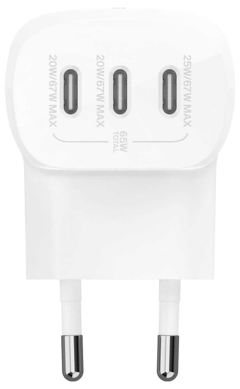 Bílá duální zásuvková nabíječka do zdi se třemi porty USB-C s popisky 20W/67W Max, 20W/67W Max a 25W/67W Max, plus „65W CELKEM" na přední straně.