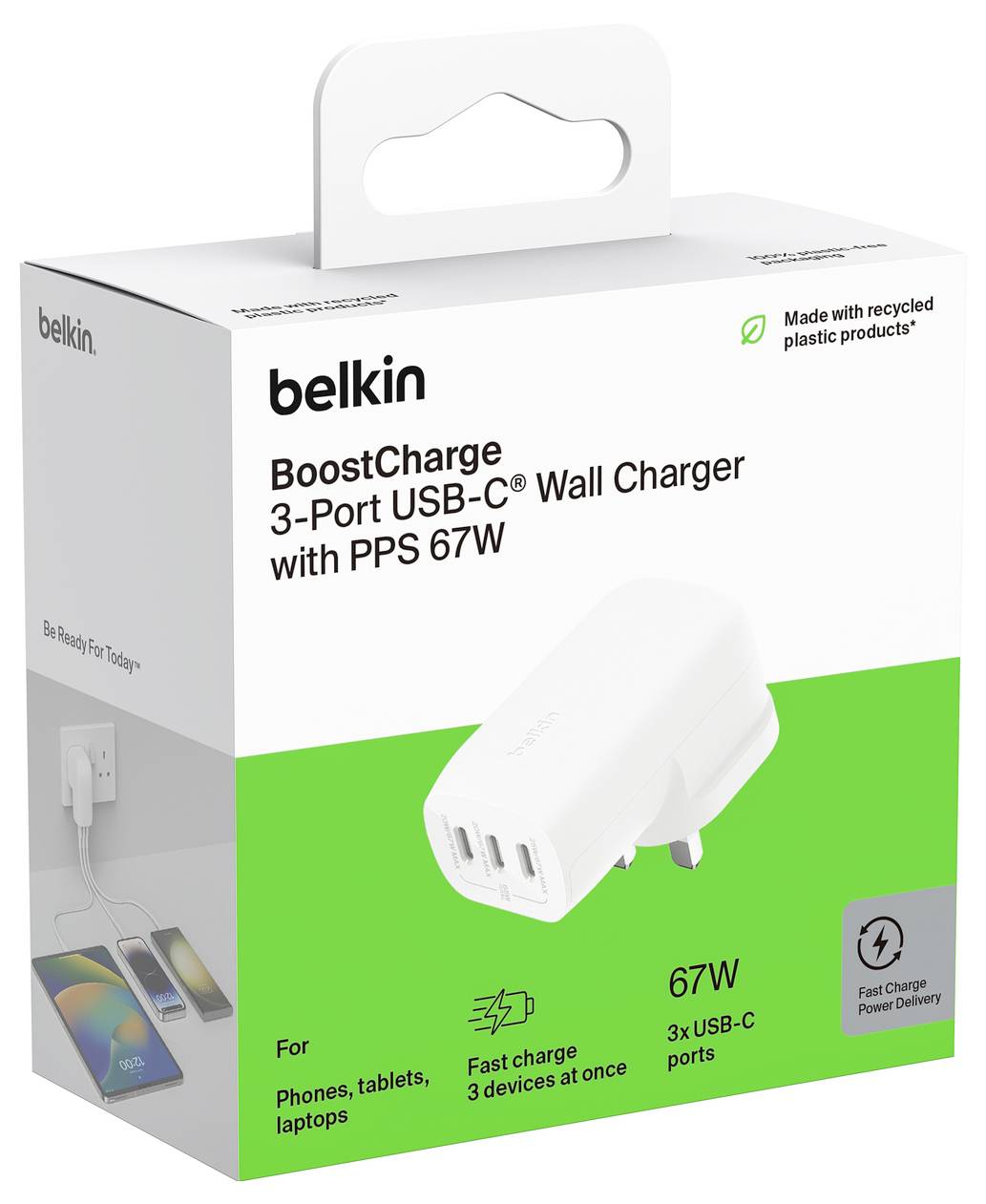 Nabíječ Belkin BoostCharge se 3 porty USB-C do zásuvky, označený 67W PPS s rychlým nabíjením pro tři zařízení a pouzdrem z recyklovaného plastu.