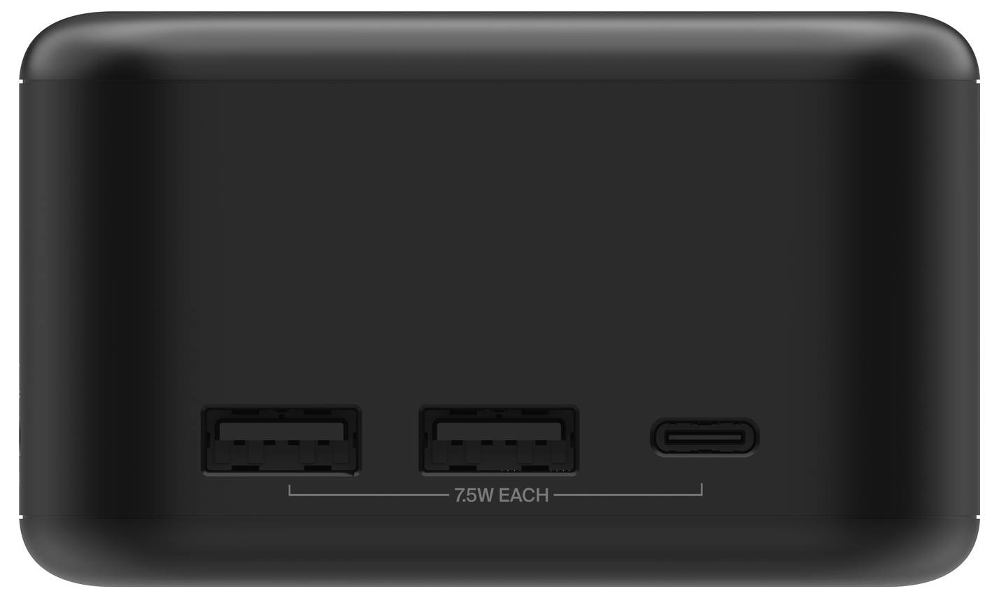 Černá powerbank nebo nabíječka ukazující dva porty USB-A a jeden port USB-C označený „75W KAŽDÝ".
