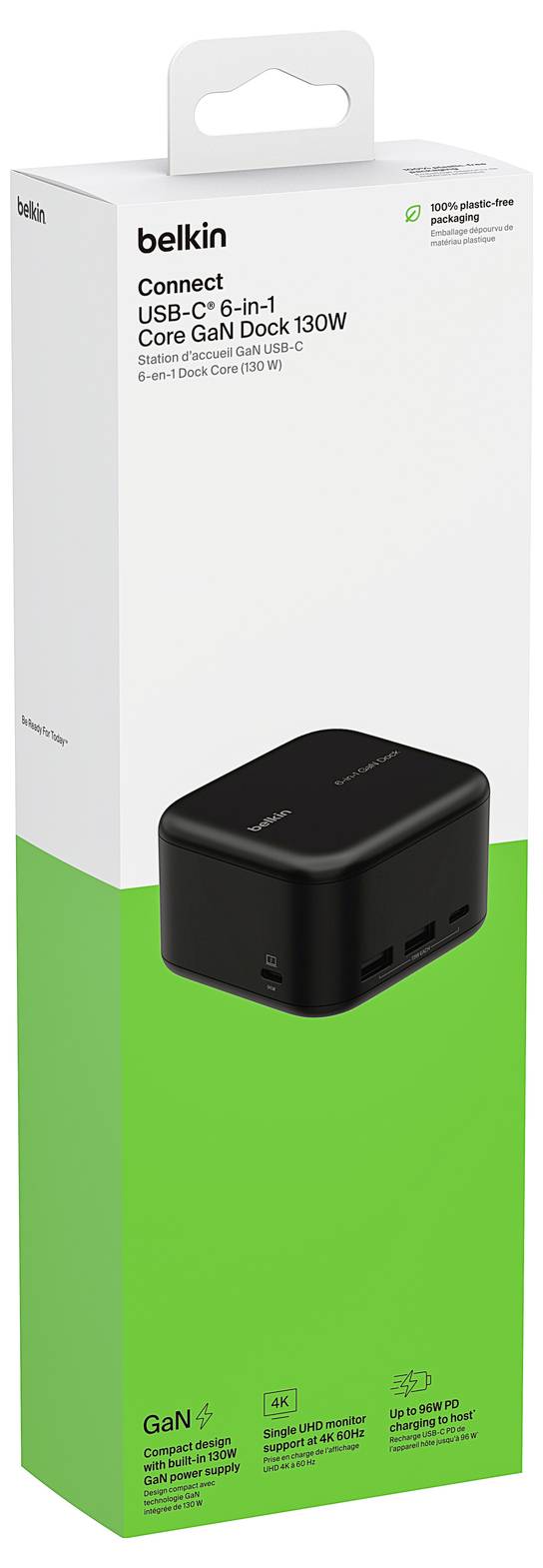 Belkin Connect USB-C 6-v-1 Core GaN Dock 130W maloobchodní krabice znázorňující černý dok na přední straně