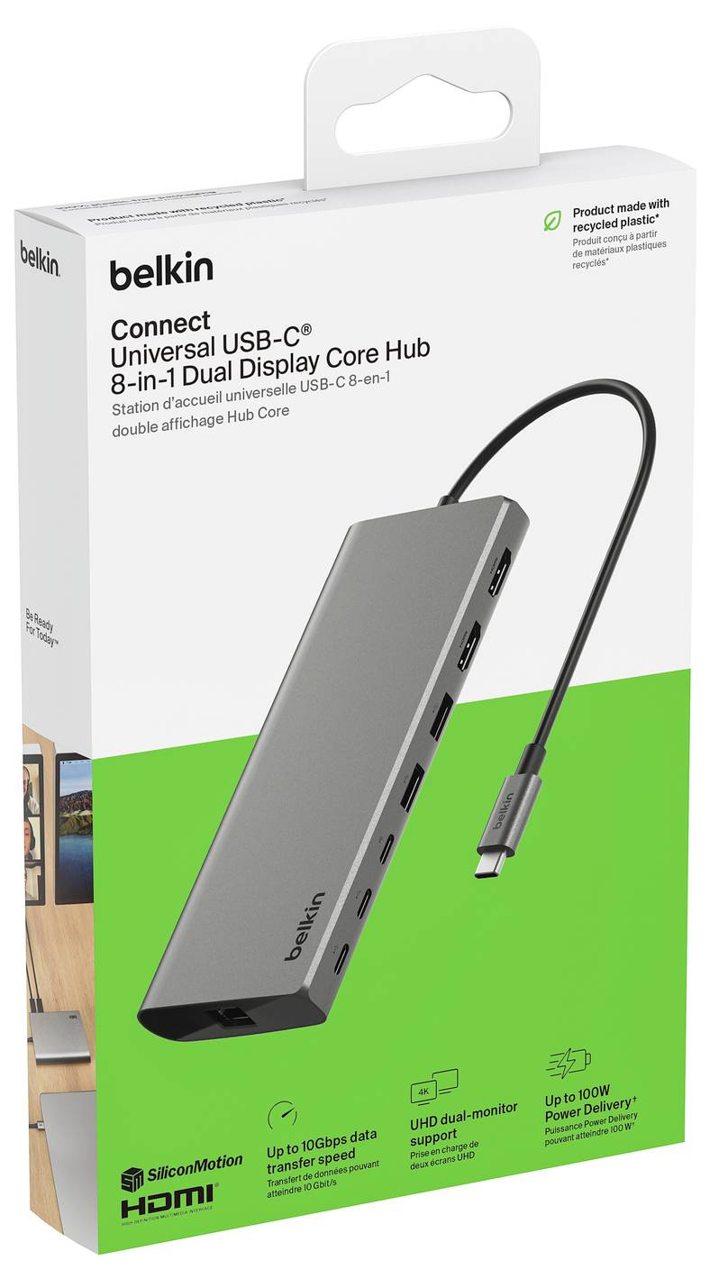 Balení Belkin Connect Universal USB-C 8v1 Hub s duálním displejem Core, na kterém je zobrazen hub s více porty a kabel USB-C na přední straně krabice.