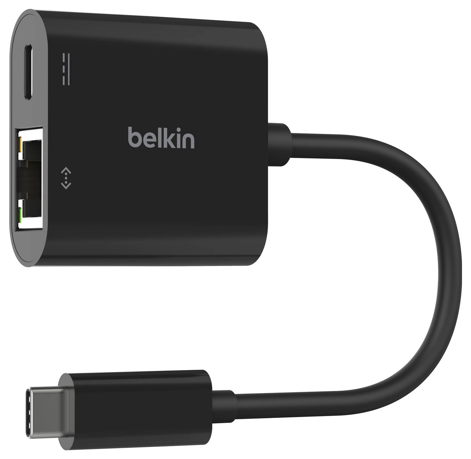 Belkin adaptér USB-C hubu s Ethernetem a porty USB, zobrazen s připojeným kabelem USB-C.