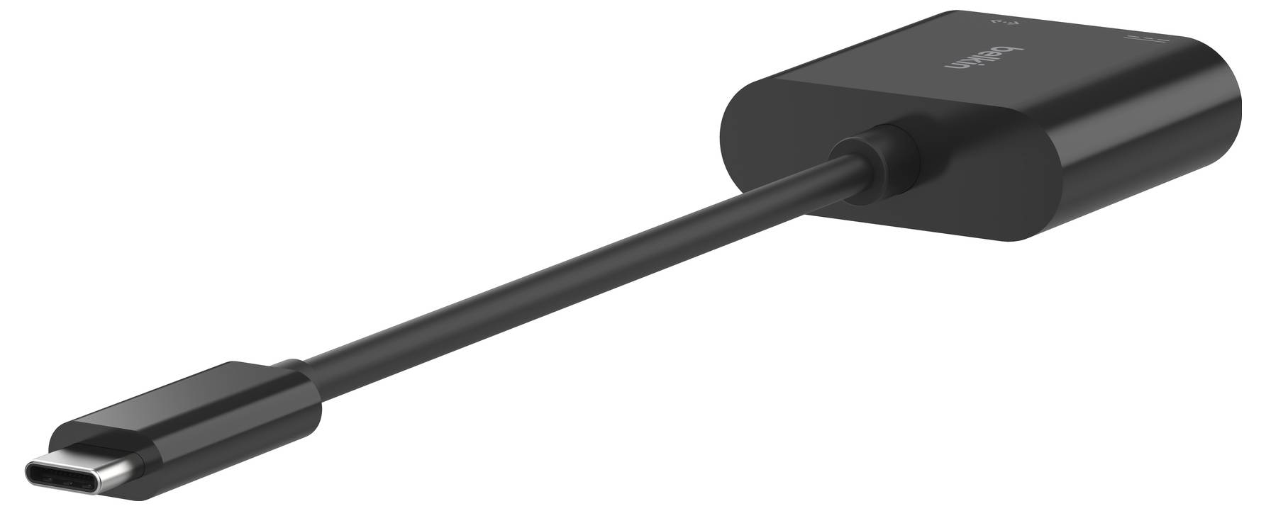 Černý kabel USB-C s kompaktním obdélníkovým adaptérem nebo přechodkou připojeným na jednom konci, zobrazen na bílém pozadí.