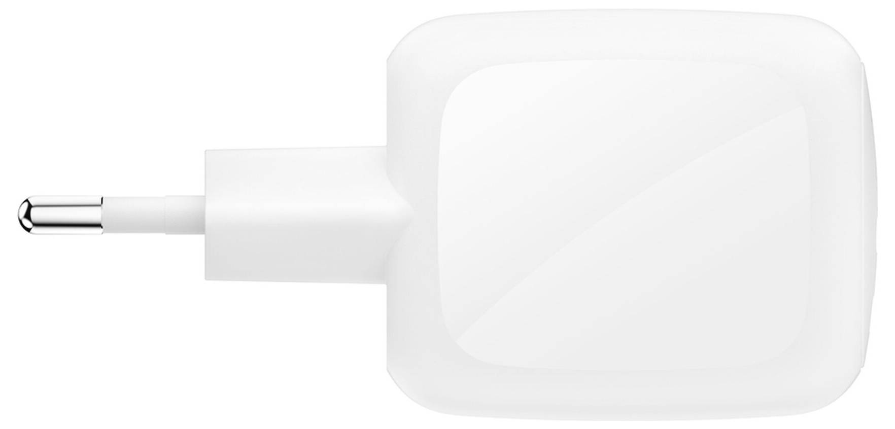 Bílý nástěnný nabíječ napájecího adaptéru s jedním USB-C konektorem, znázorněný v bočním pohledu na jednolitém pozadí.