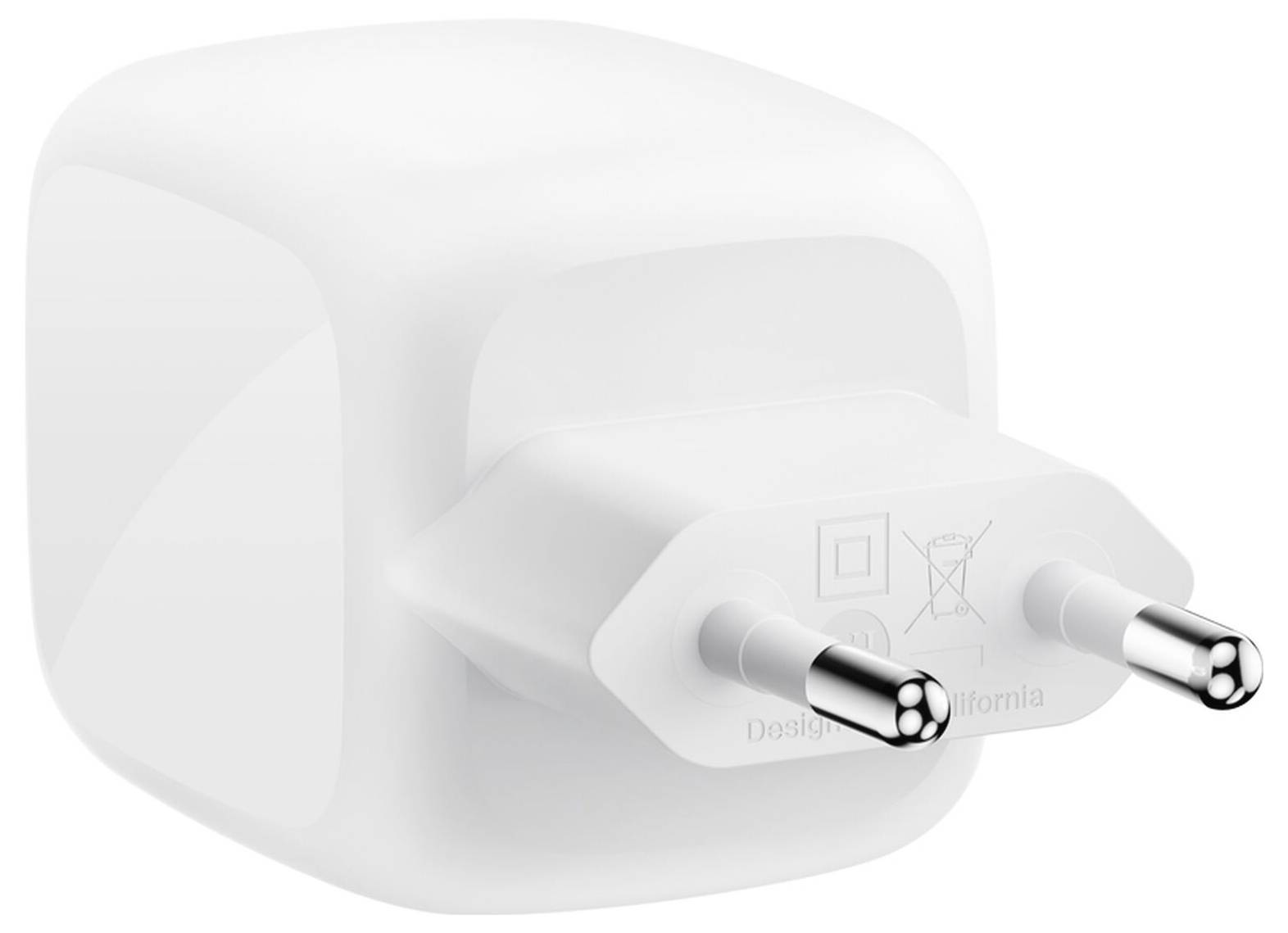 Bílá USB nabíječka do zdi se dvěma kulatými kolíky v evropském stylu.