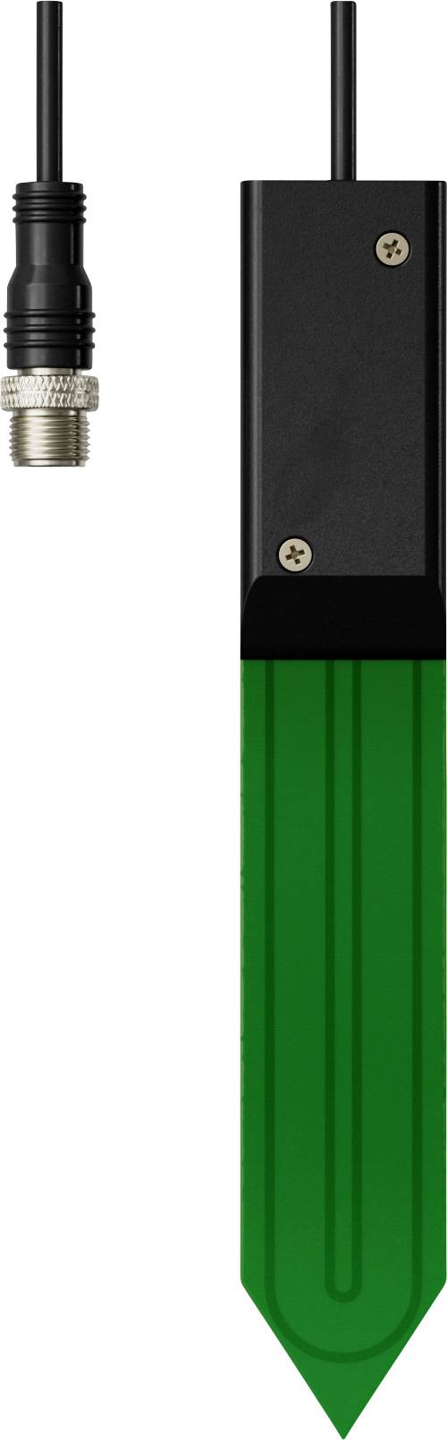 Zelená sonda pro zemitou hlínu se černým pouzdrem a připojeným konektorem kabelu.