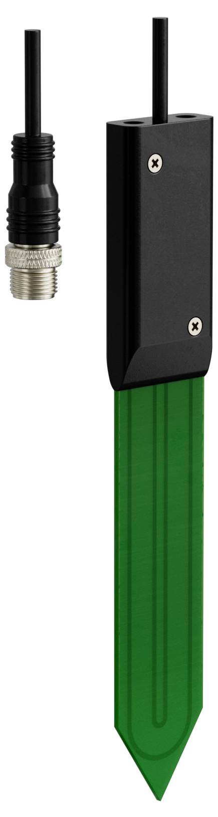 Černý senzor/sonda s konektorem kabelu a zeleným špičatým hřídelem, zobrazený spolu s odděleným konektorem zásuvky na bílém pozadí.