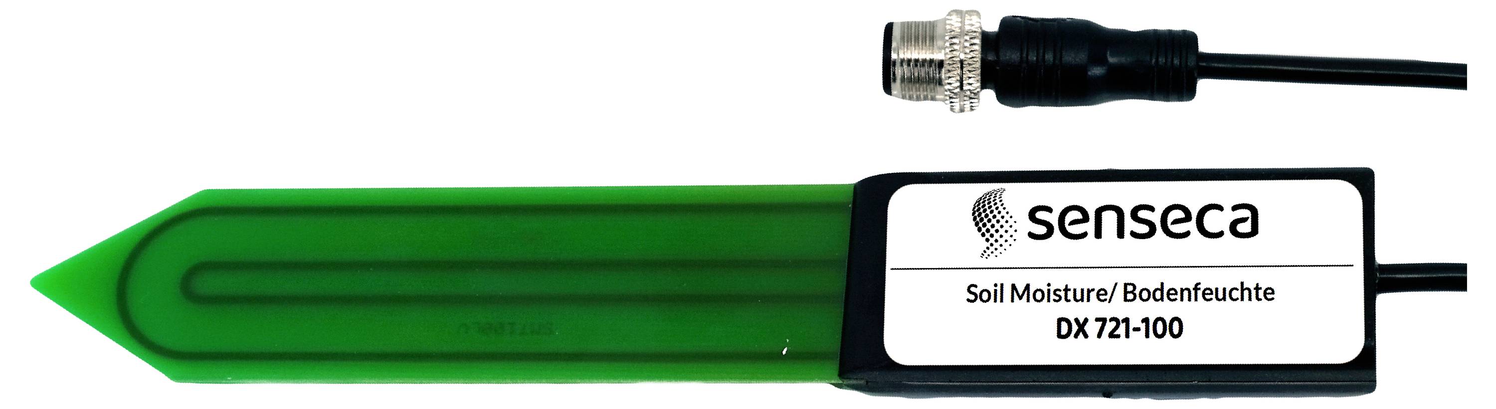 Senzor označený Senseca Soil Moisture/Bodenfeuchte DX 721-100 se zeleným kolíkem a kabelem pro měření vlhkosti půdy.