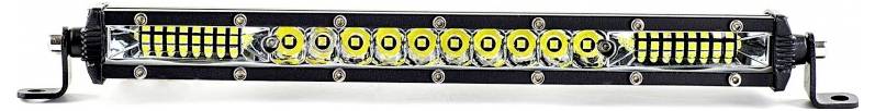 Černá LED světelná lišta s více kruhovými čočkami a žlutými LED poli, připevněná na kovových závěsech na bílém pozadí.