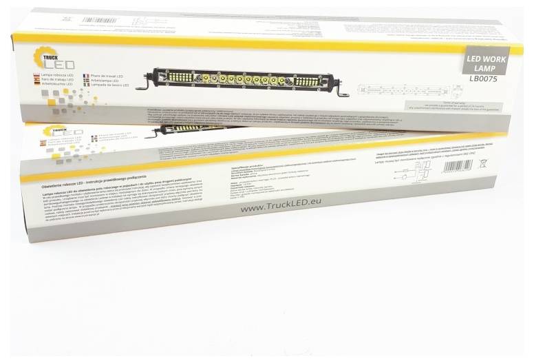 Krabicové balení pro TruckLED 'LED PRACOVNÍ LAMPA' model LB0075, zobrazující obrázek lampy a podrobnosti o produktu na bílo-žluté krabici.