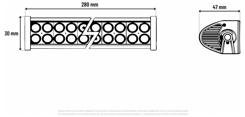 Technický výkres obdélníkového mřížového panelu, 280 mm široký a 30 mm vysoký, se středovým lomem; boční pohled ukazuje hloubku 47 mm.