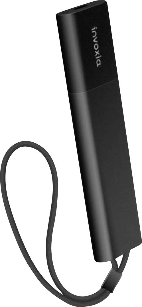 Černá přenosná powerbanka Xiaomi s připevněným páskem na zápěstí na bílém pozadí.