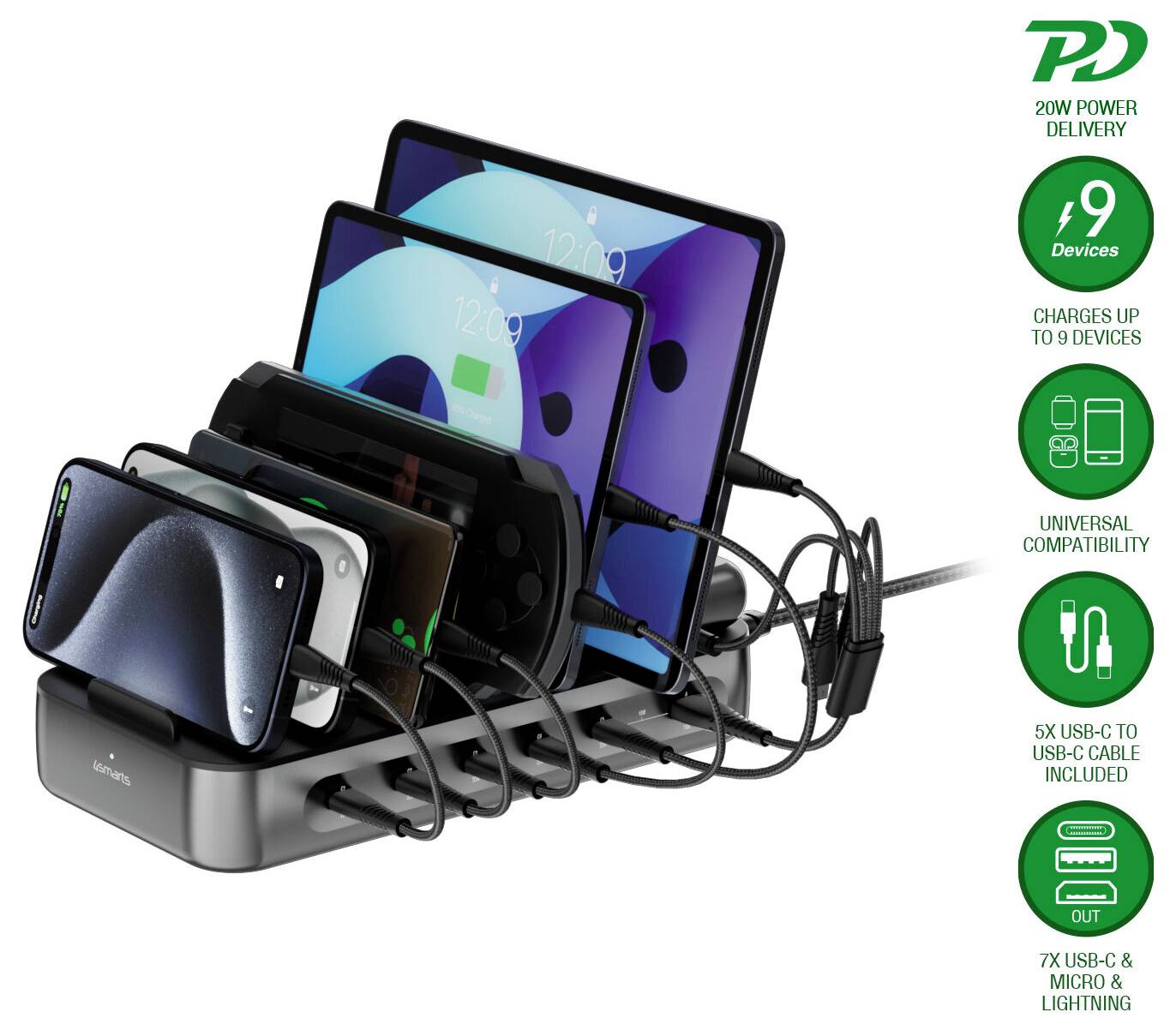 Nabíjecí stanice s více telefony, tablety a sluchátky umístěnými v přístavu; ikony na pravé straně říkají „20W dodávka energie", „9 zařízení", „nabíjí až 9 zařízení", „univerzální kompatibilita" a obsahuje kabely USB-C, USB-C na USB-C, micro a Lightning.