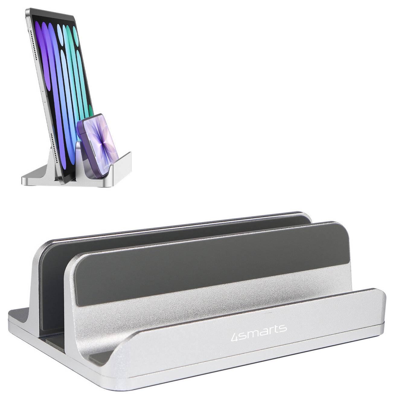 Stříbrný stojan 4smarts pro tablet a telefon s více sloty, na doplňkovém obrázku je znázorněn se smartphonem a tabletem.