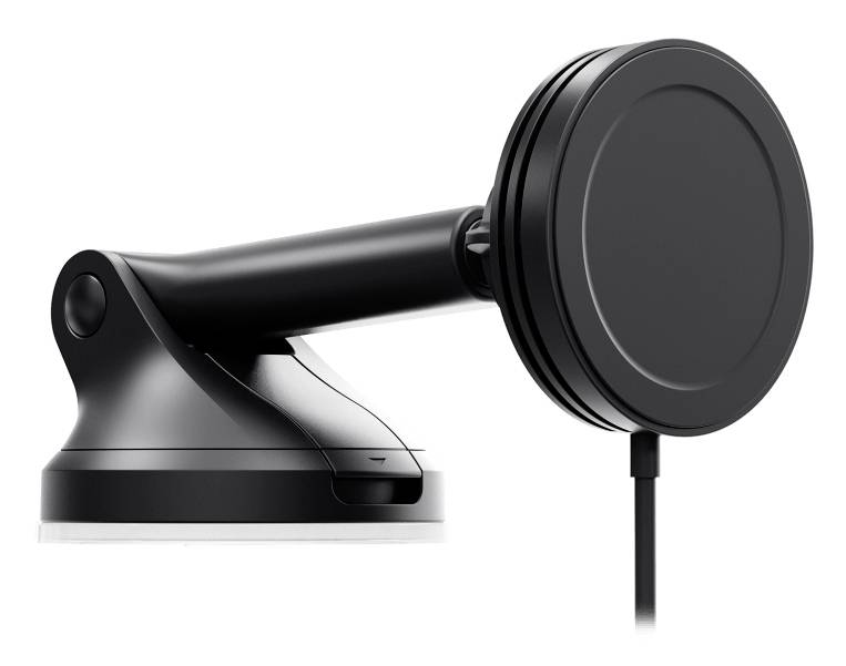 Černý magnetický držák telefonu do auta s kulatou podložkou a přisávací základnou na bílém pozadí.