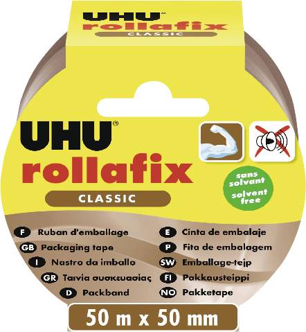 Krabička lepicí pásky UHU Rollafix Classic, žluto-hnědá, označená "50 m x 50 mm" a "bez rozpouštědla / bez rozpouštědla".