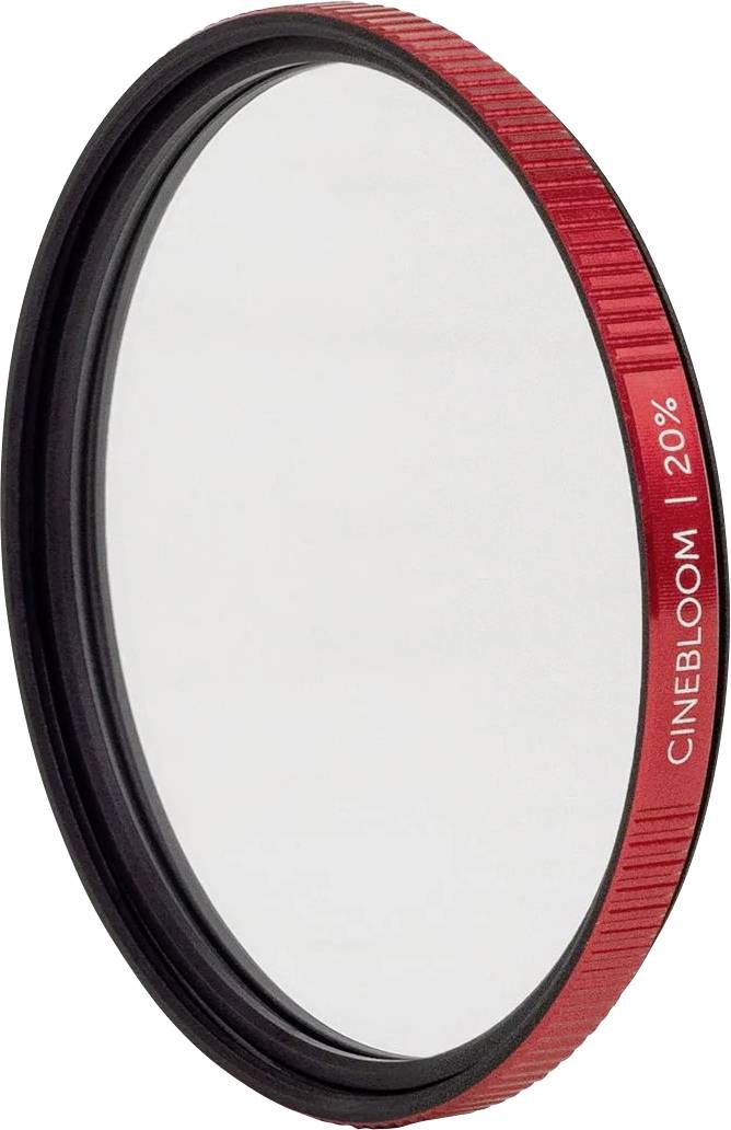 Červený kruhový filtr objektivu kamery s černým okrajem, označený "CINEBLOOM | 20%" na bílém pozadí.